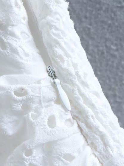 Spring Summer Women Clothing Vintage Ruffled Belt White Dress