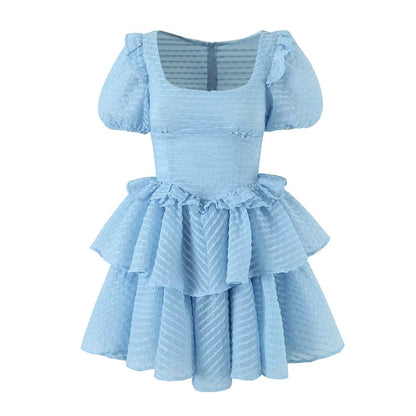 Sweet Fresh Sexy Dress Women Lace Puff Sleeve Layer Puffy Tiered Dress