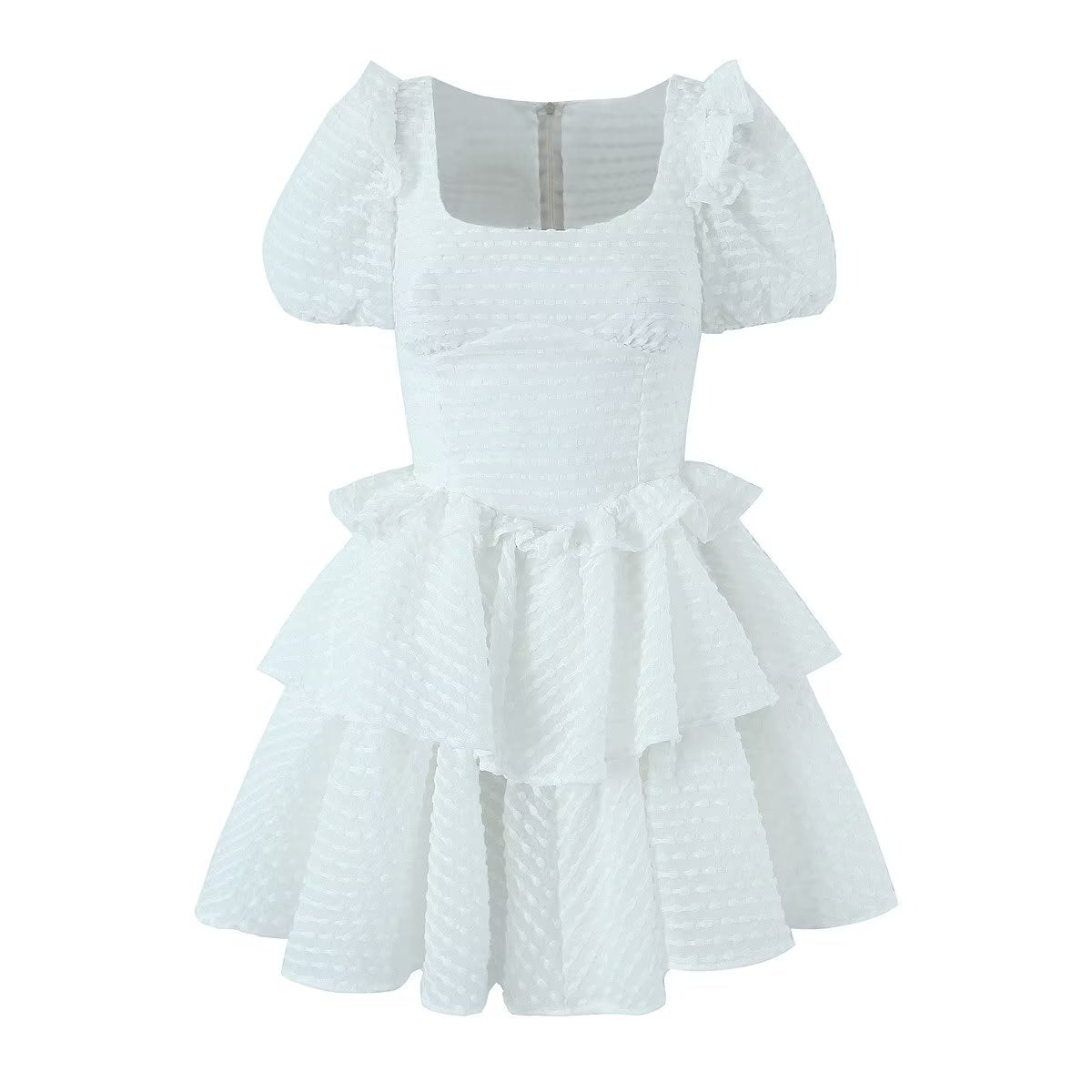 Sweet Fresh Sexy Dress Women Lace Puff Sleeve Layer Puffy Tiered Dress