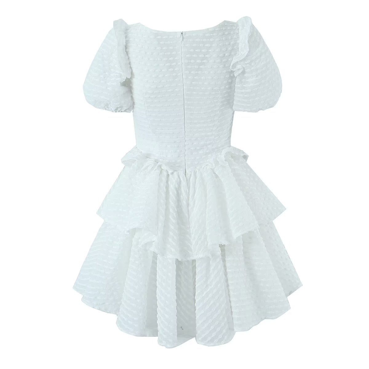 Sweet Fresh Sexy Dress Women Lace Puff Sleeve Layer Puffy Tiered Dress