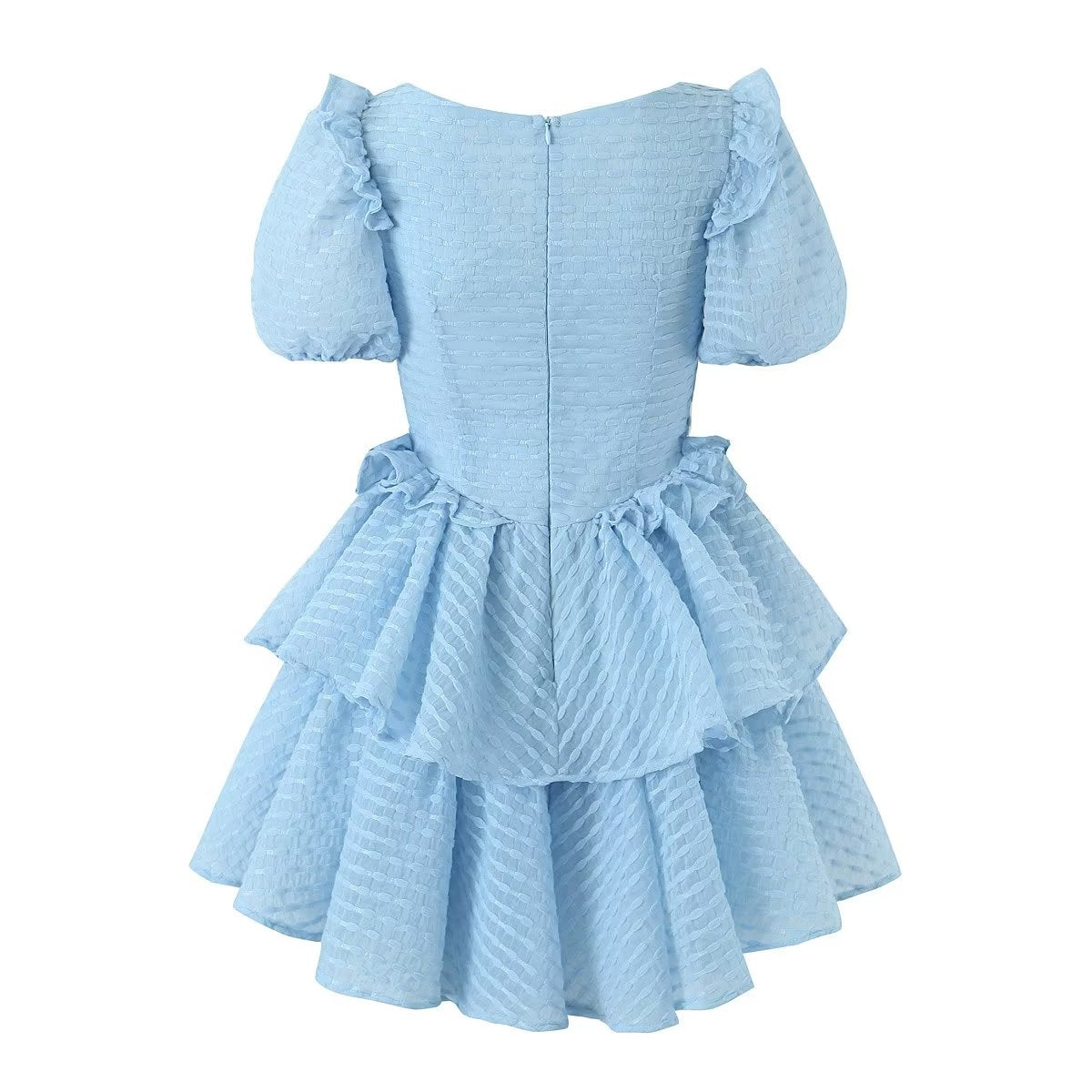 Sweet Fresh Sexy Dress Women Lace Puff Sleeve Layer Puffy Tiered Dress