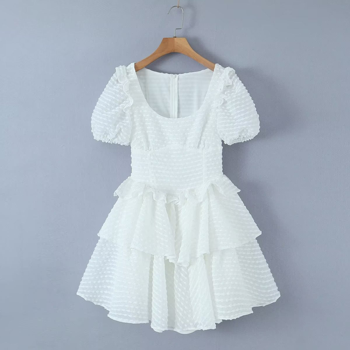 Sweet Fresh Sexy Dress Women Lace Puff Sleeve Layer Puffy Tiered Dress