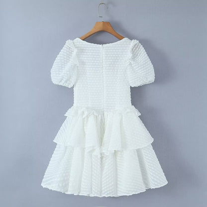 Sweet Fresh Sexy Dress Women Lace Puff Sleeve Layer Puffy Tiered Dress