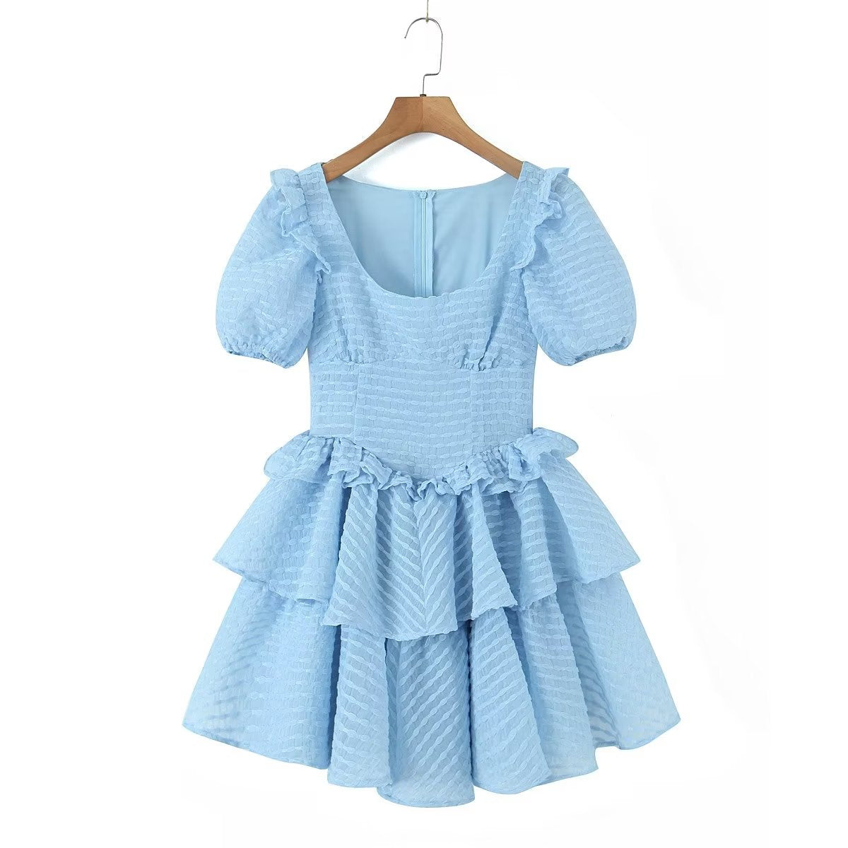 Sweet Fresh Sexy Dress Women Lace Puff Sleeve Layer Puffy Tiered Dress