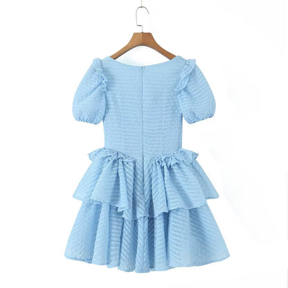 Sweet Fresh Sexy Dress Women Lace Puff Sleeve Layer Puffy Tiered Dress