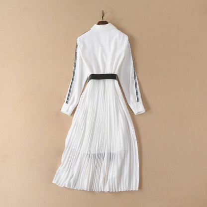 Collar Color Matching Waist Lace Pleated Dress with Belt Elegant Graceful Dress