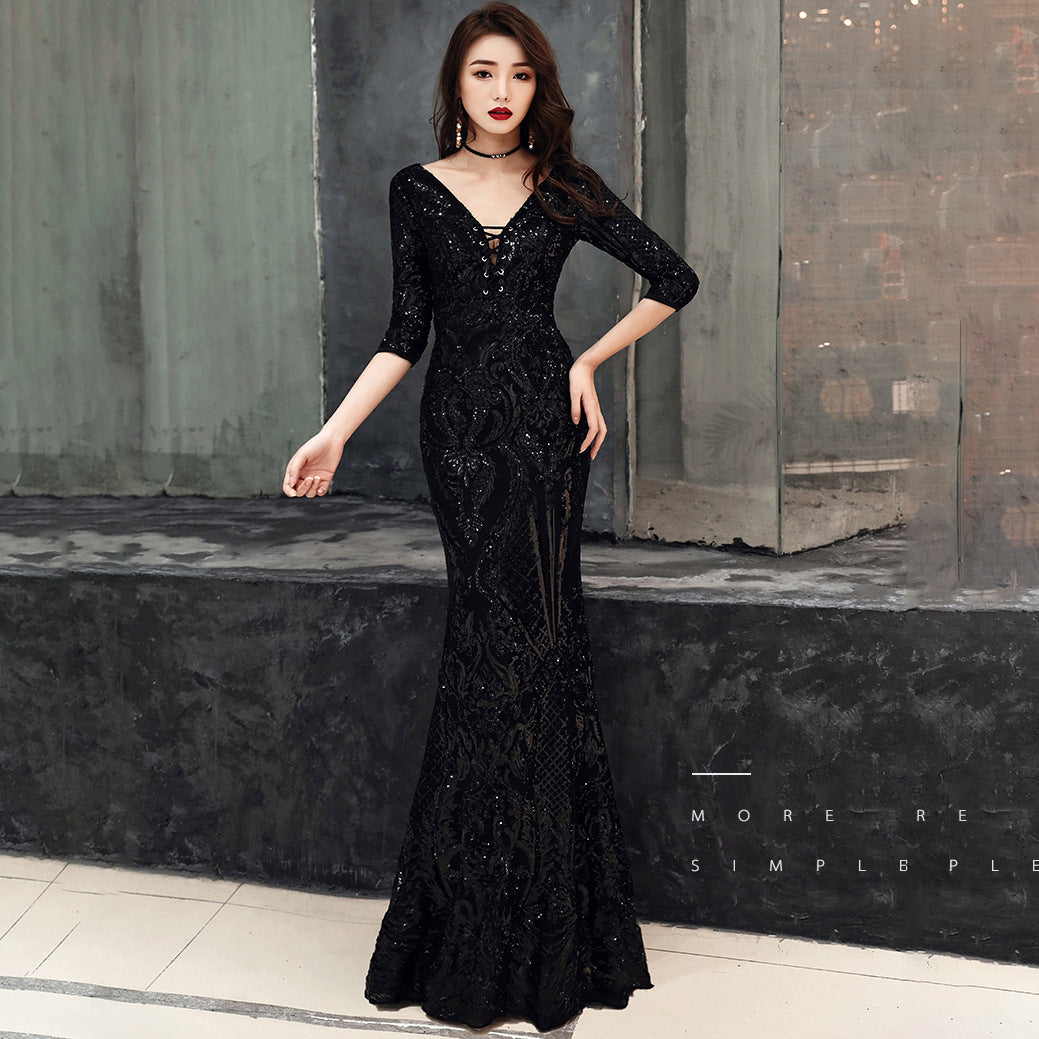 Sequined Annual Party Evening Dress Women Cocktail High End Elegant Deep V Plunge Host Sexy Fishtail