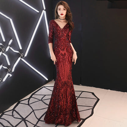 Sequined Annual Party Evening Dress Women Cocktail High End Elegant Deep V Plunge Host Sexy Fishtail