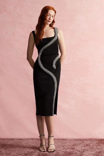 Women Sling Backless Snake Shaped Rhinestone Knitted Backless Skinny Bandage One Piece Dress