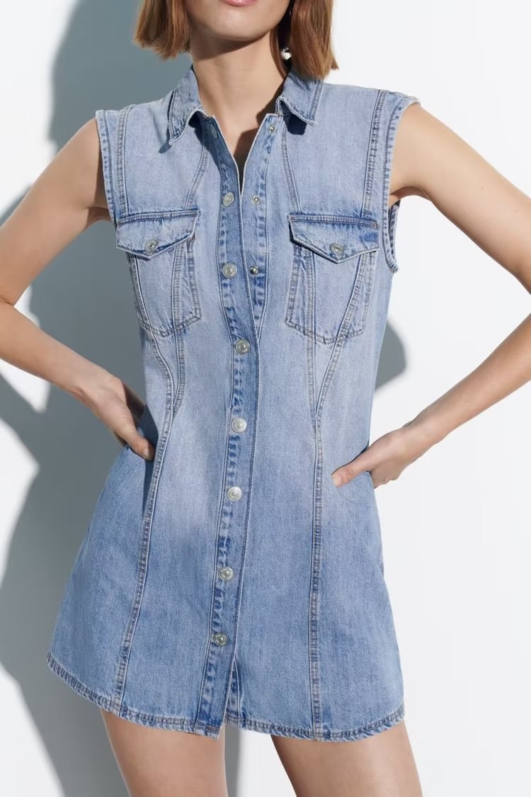 Robe d'été en Denim pour femmes, col, sans manches, gilet, droite, Slim, simple boutonnage