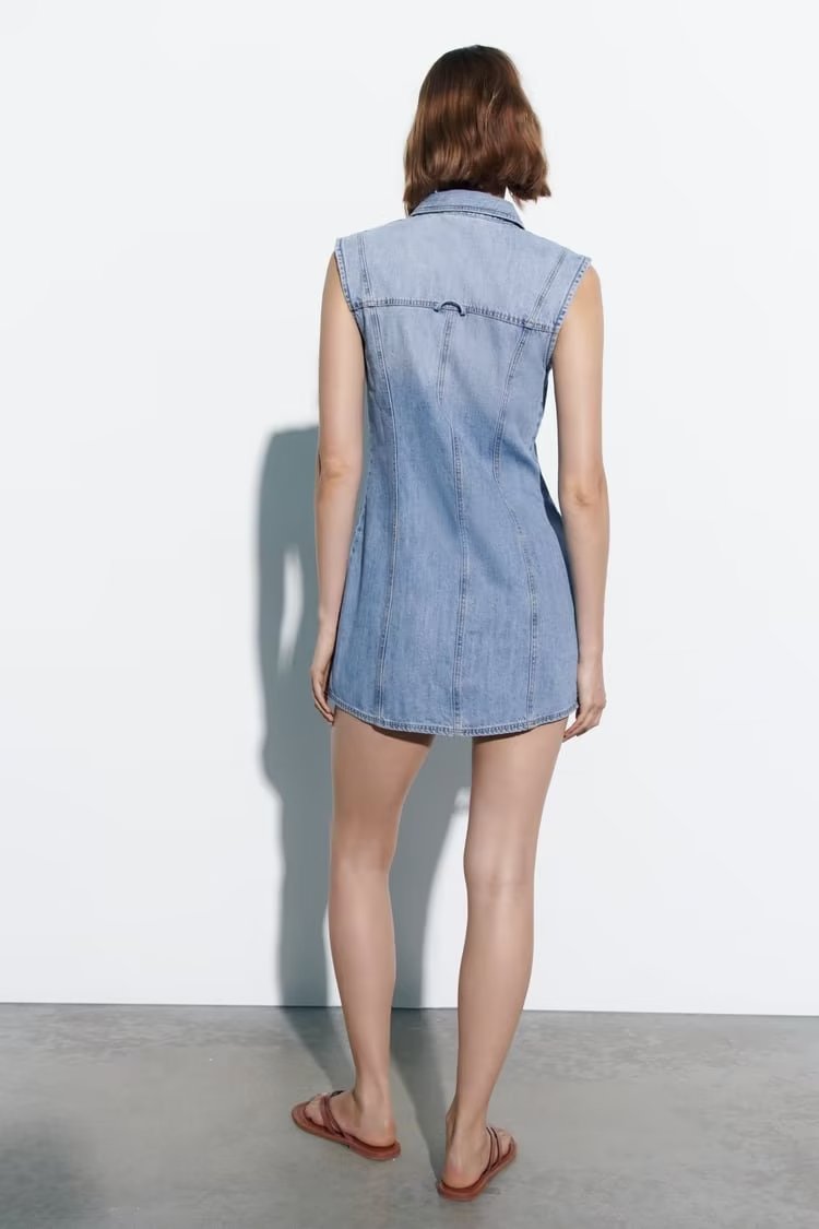 Robe d'été en Denim pour femmes, col, sans manches, gilet, droite, Slim, simple boutonnage