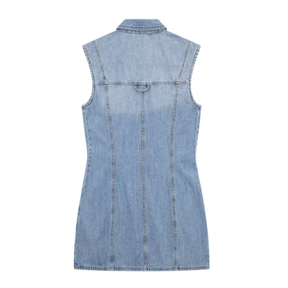 Robe d'été en Denim pour femmes, col, sans manches, gilet, droite, Slim, simple boutonnage