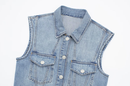 Robe d'été en Denim pour femmes, col, sans manches, gilet, droite, Slim, simple boutonnage