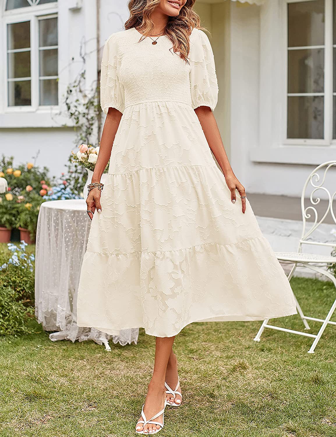 Vêtements d'été pour femmes, col rond, manches bouffantes plissées, robe florale superposée