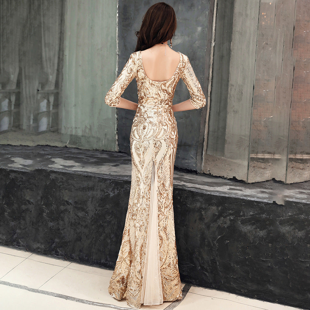 Sequined Annual Party Evening Dress Women Cocktail High End Elegant Deep V Plunge Host Sexy Fishtail