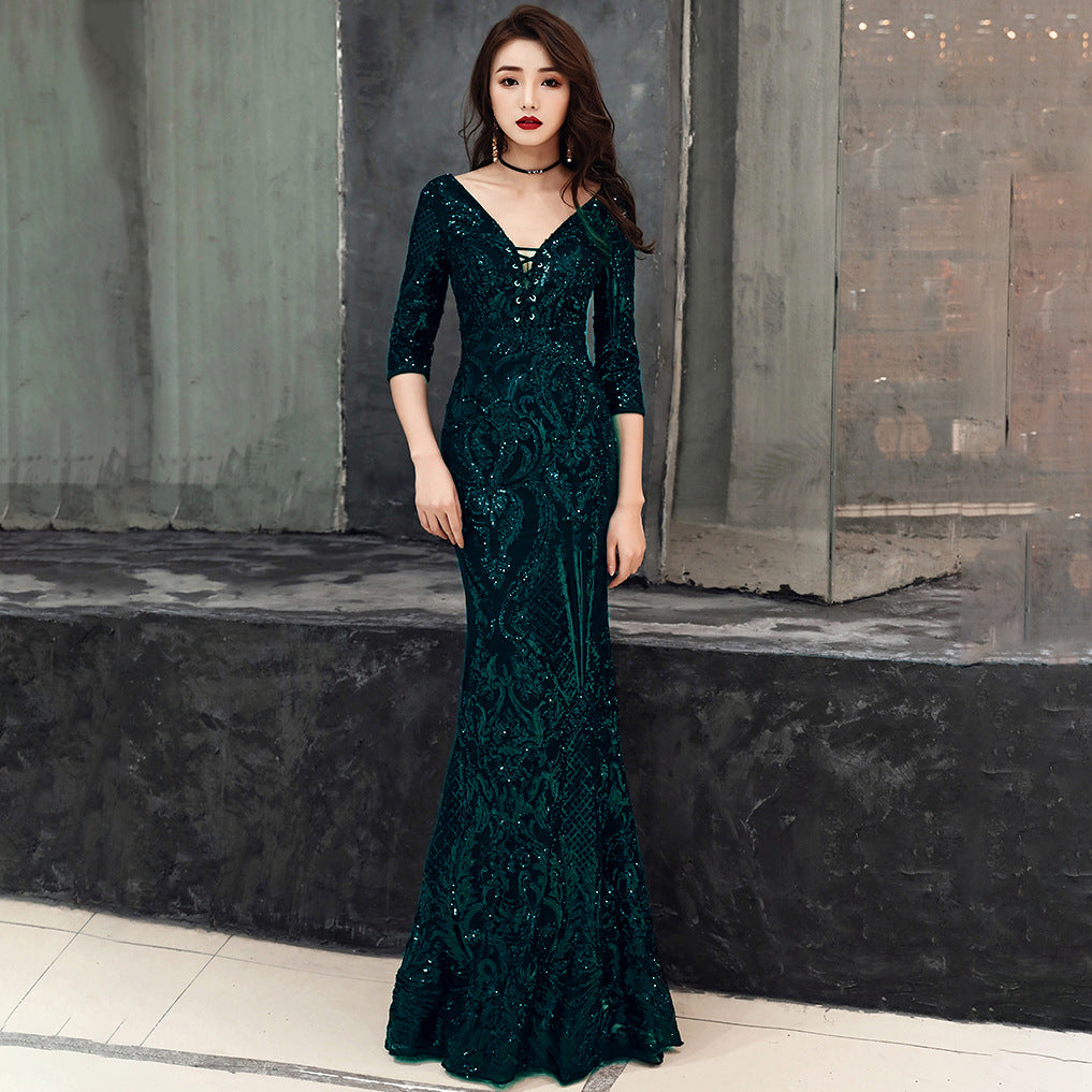 Sequined Annual Party Evening Dress Women Cocktail High End Elegant Deep V Plunge Host Sexy Fishtail