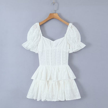 Round Neck Puff Short Sleeve Dress Summer High Waist Layer Pleated Puffy