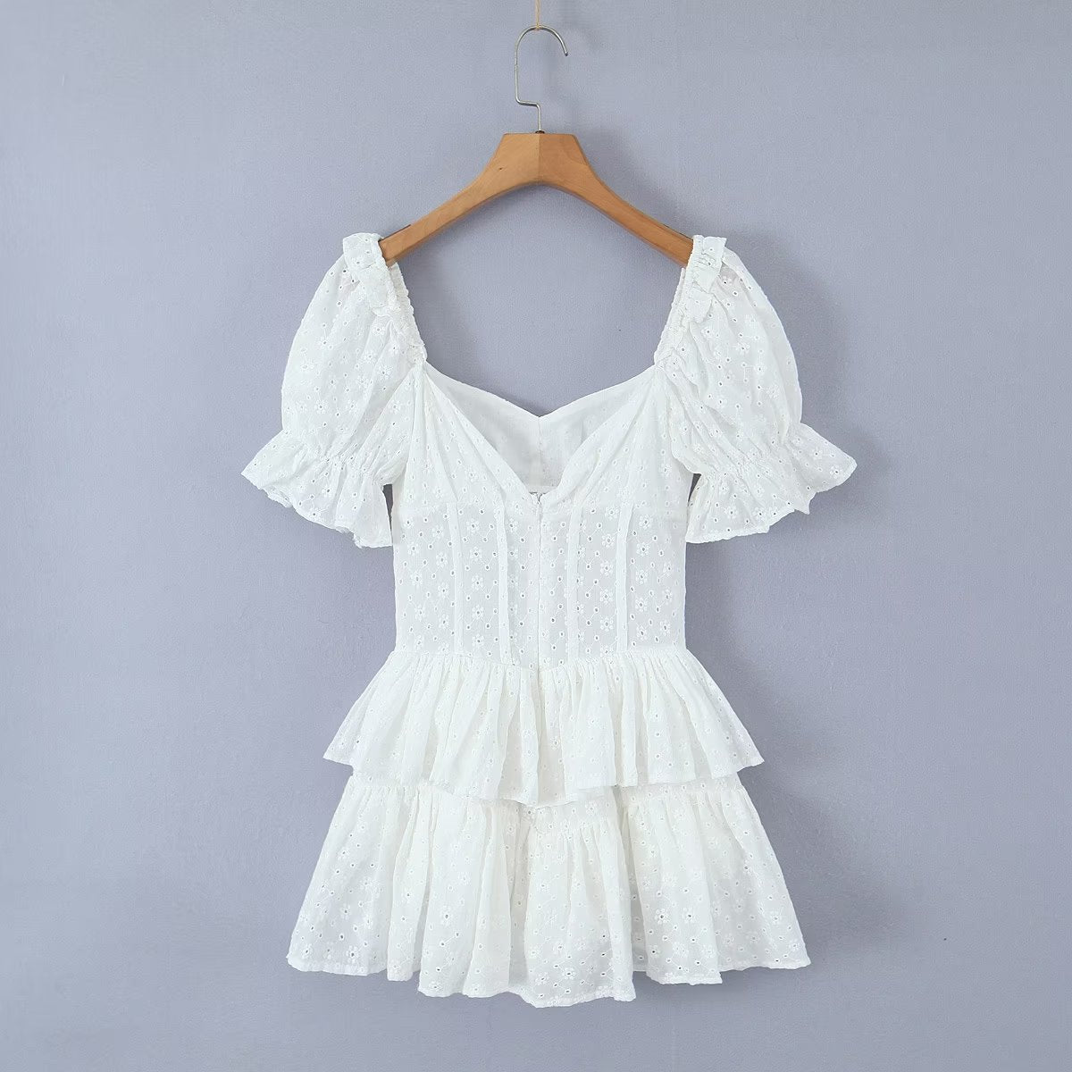 Round Neck Puff Short Sleeve Dress Summer High Waist Layer Pleated Puffy