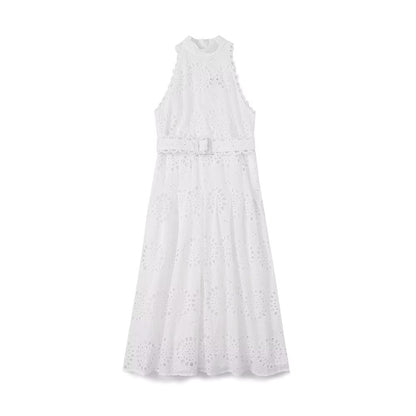 Vestido de verano para mujer, blanco, con cuello alto, sin mangas, con cinturón, con aberturas y bordado