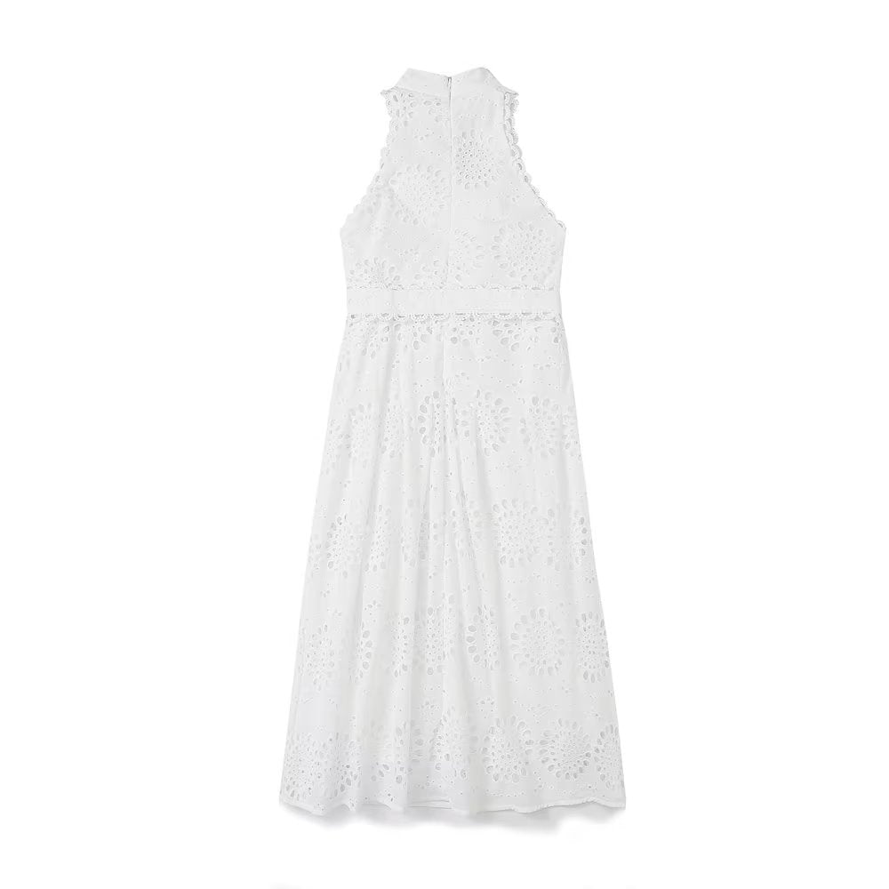 Vestido de verano para mujer, blanco, con cuello alto, sin mangas, con cinturón, con aberturas y bordado