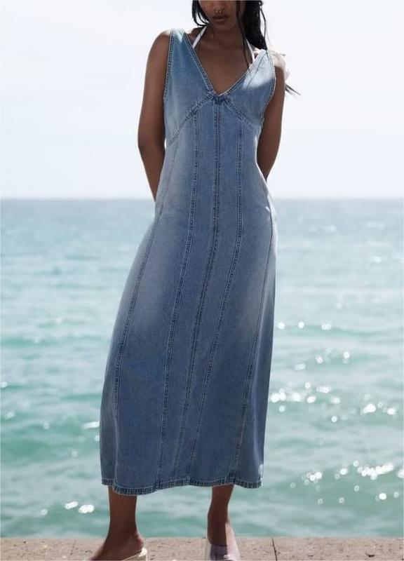 Summer Retro V neck Sleeveless Denim A line Vest Dress Women Dress