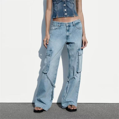 Accessoires à bretelles amples, pantalons en jean cargo taille moyenne