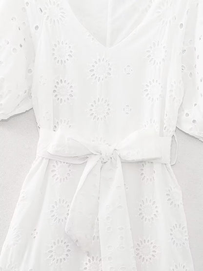 Spring Women Clothing French Sexy White Moonlight Hollow Out Cutout Design with Belt Embroidered Dress