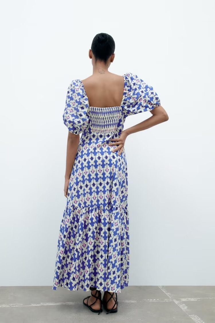 Robe midi smockée imprimée sur la poitrine et à lacets dans le dos pour femmes