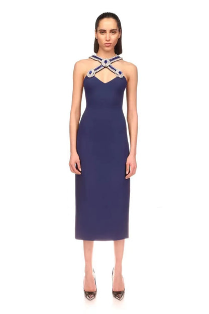 Summer Royal Blue V neck Bandage Maxi Dress Diamond Cross Design Formal Dress