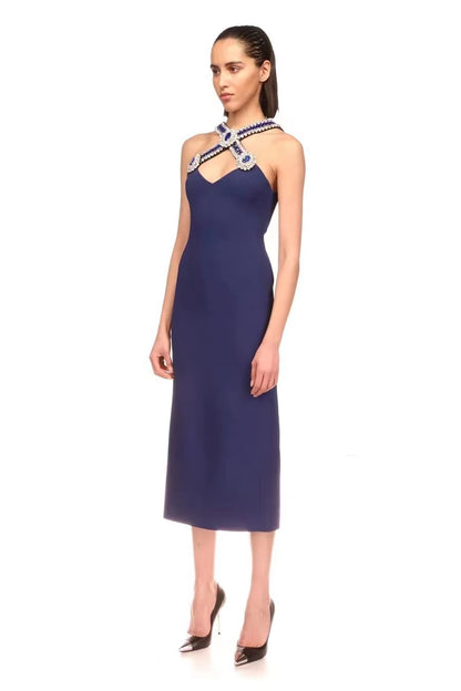 Summer Royal Blue V neck Bandage Maxi Dress Diamond Cross Design Formal Dress