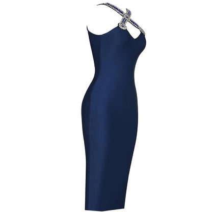 Summer Royal Blue V neck Bandage Maxi Dress Diamond Cross Design Formal Dress