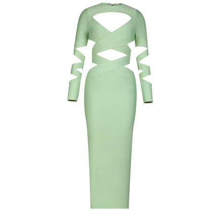 Socialite Low Cut Bandage CrissCross Cropped Outfit Hollow Out Cutout Long Slim Dress