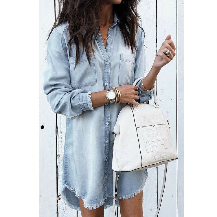 Women Denim Shirt Slim Fit Slimming Long Sleeves Shirt Dress Women