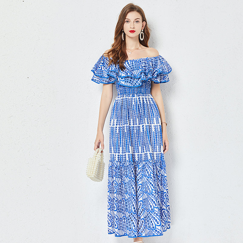 Women Summer Cotton Embroidered Hollow Waist Dress Shoulder Ruffled Long Dress