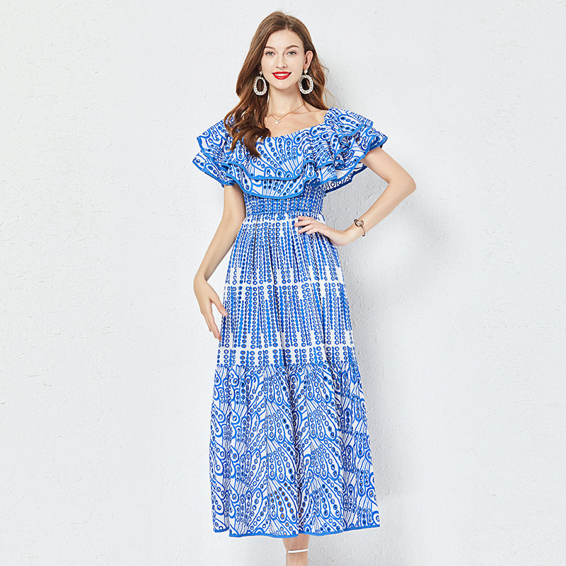 Women Summer Cotton Embroidered Hollow Waist Dress Shoulder Ruffled Long Dress