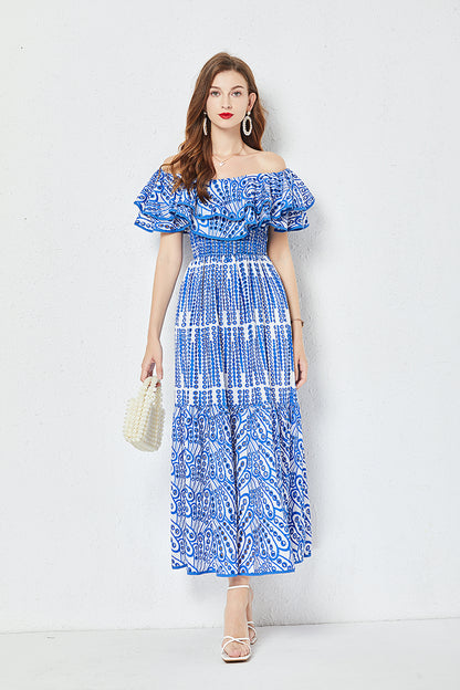 Women Summer Cotton Embroidered Hollow Waist Dress Shoulder Ruffled Long Dress