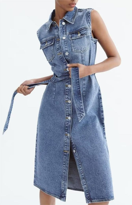 Robe en jean sans manches pour femmes, Slim, amincissante, printemps