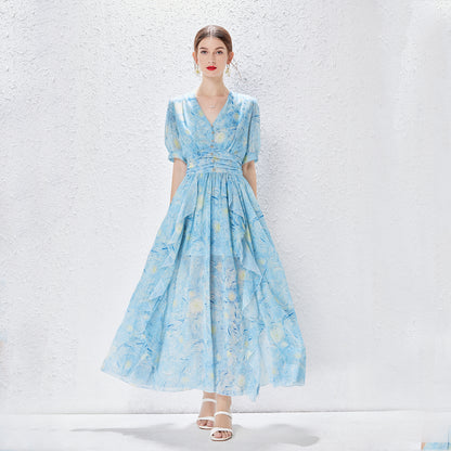 Women Spring Summer and Autumn New V neck Diamond Button Dress Long Dress Ruffled Split Stag Waist Star Dress