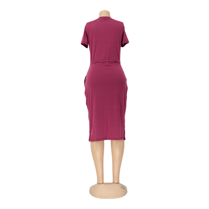 Dress Basic Elastic Waist Short Sleeve Solid Color T shirt Midi Dress