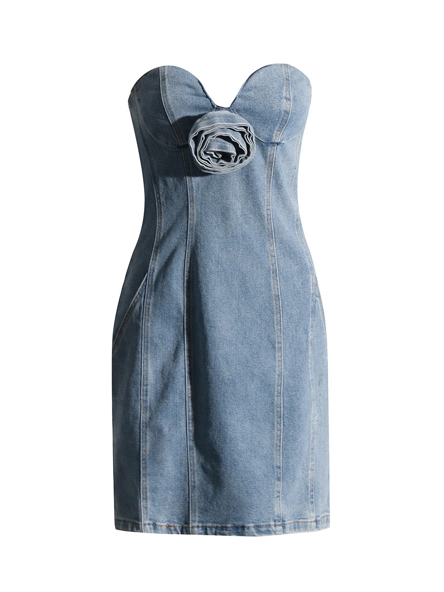 Été Sexy Denim bustier tubulaire robe florale robe en jean taille serrée mince hanche Sexy pour les femmes