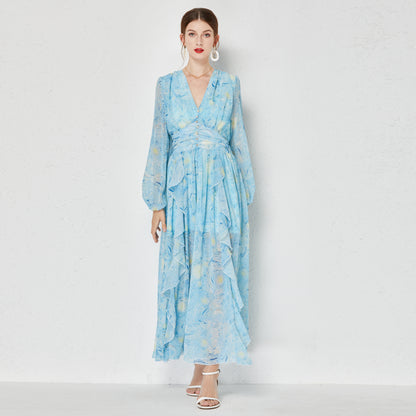 Vestido elegante de verano para mujer, nuevo, con estampado de estrellas de Van Gogh, escote en V, hebilla de diamante, volantes divididos