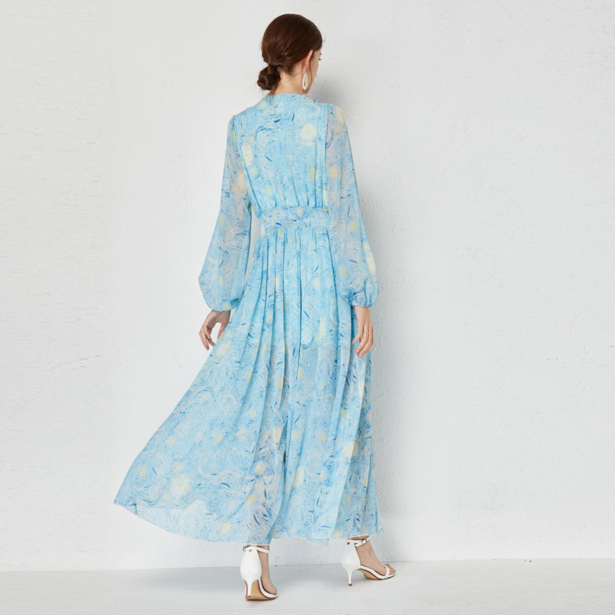 Vestido elegante de verano para mujer, nuevo, con estampado de estrellas de Van Gogh, escote en V, hebilla de diamante, volantes divididos