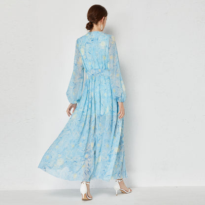 Vestido elegante de verano para mujer, nuevo, con estampado de estrellas de Van Gogh, escote en V, hebilla de diamante, volantes divididos