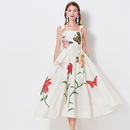 Women New Summer Niche Design Lace up Butterfly Flower Embroidered Print Sling Dress Slim fit High Waist Dress