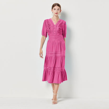 Vestido de encaje de moda para primavera y verano, escote en V, botonadura sencilla, gran vuelo, costura de algodón, elegante vestido midi