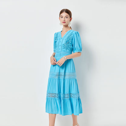 Vestido de encaje de moda para primavera y verano, escote en V, botonadura sencilla, gran vuelo, costura de algodón, elegante vestido midi