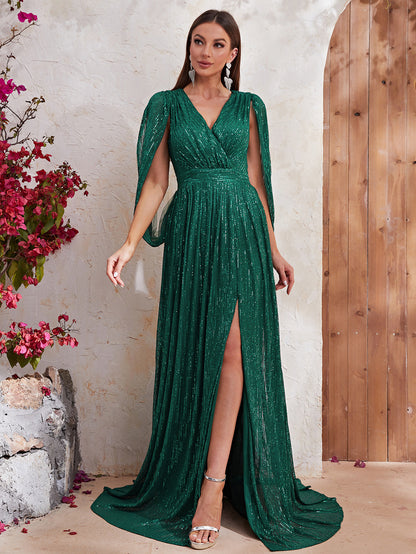 Sequin Formal Dress Sequined V Neck Shawl Sleeve Cocktail High End Evening Dress Slit Maxi Dress