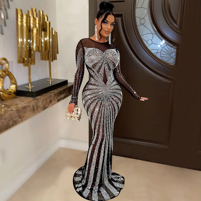 Women Solid Color Mesh See Through Rhinestone Long Sleeve Dress