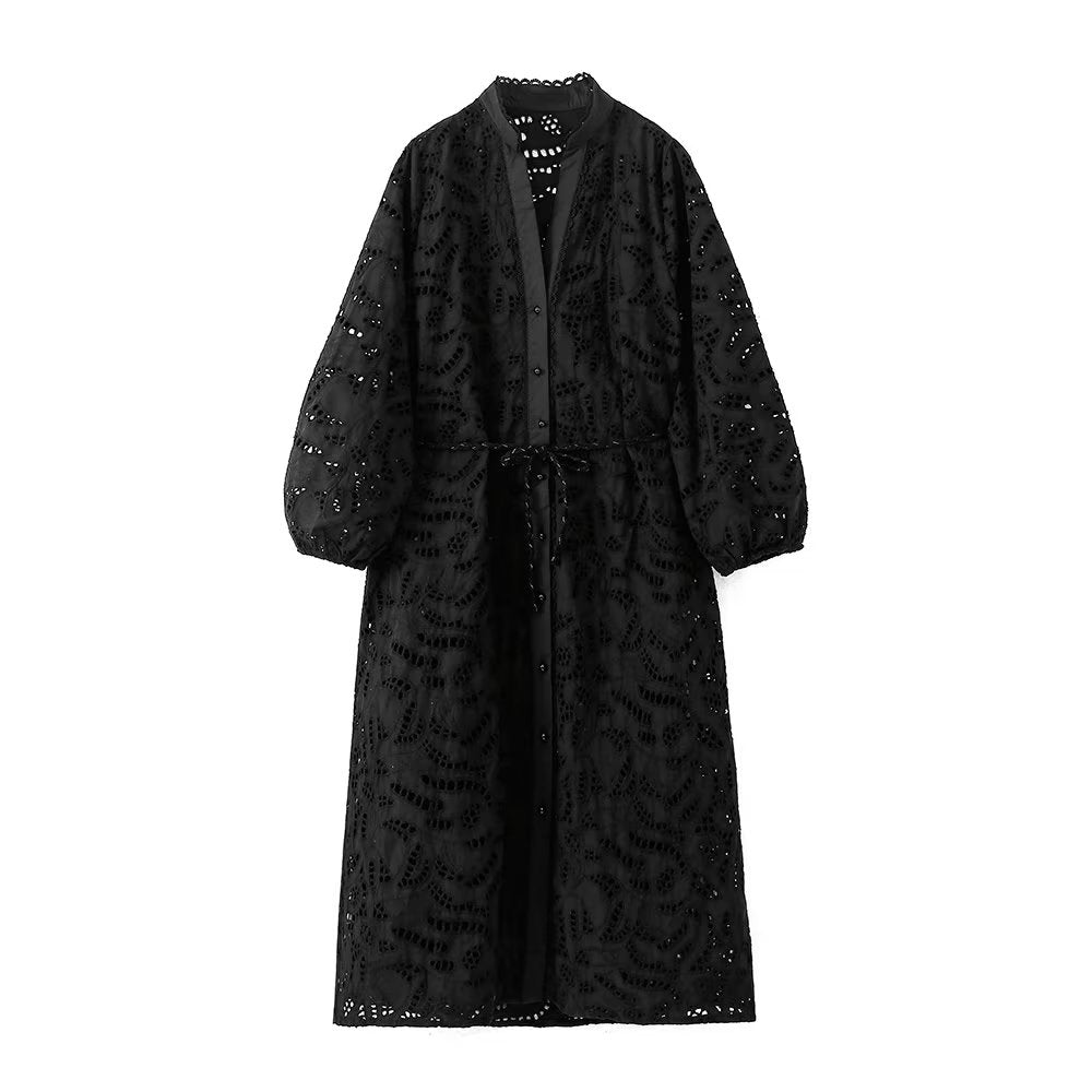 Vestido de mujer francés de manga larga con escote en V y escote en V, sexy, de jacquard negro, para usar en casa