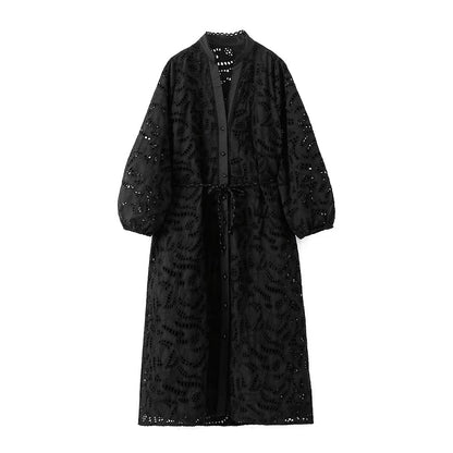 Vestido de mujer francés de manga larga con escote en V y escote en V, sexy, de jacquard negro, para usar en casa